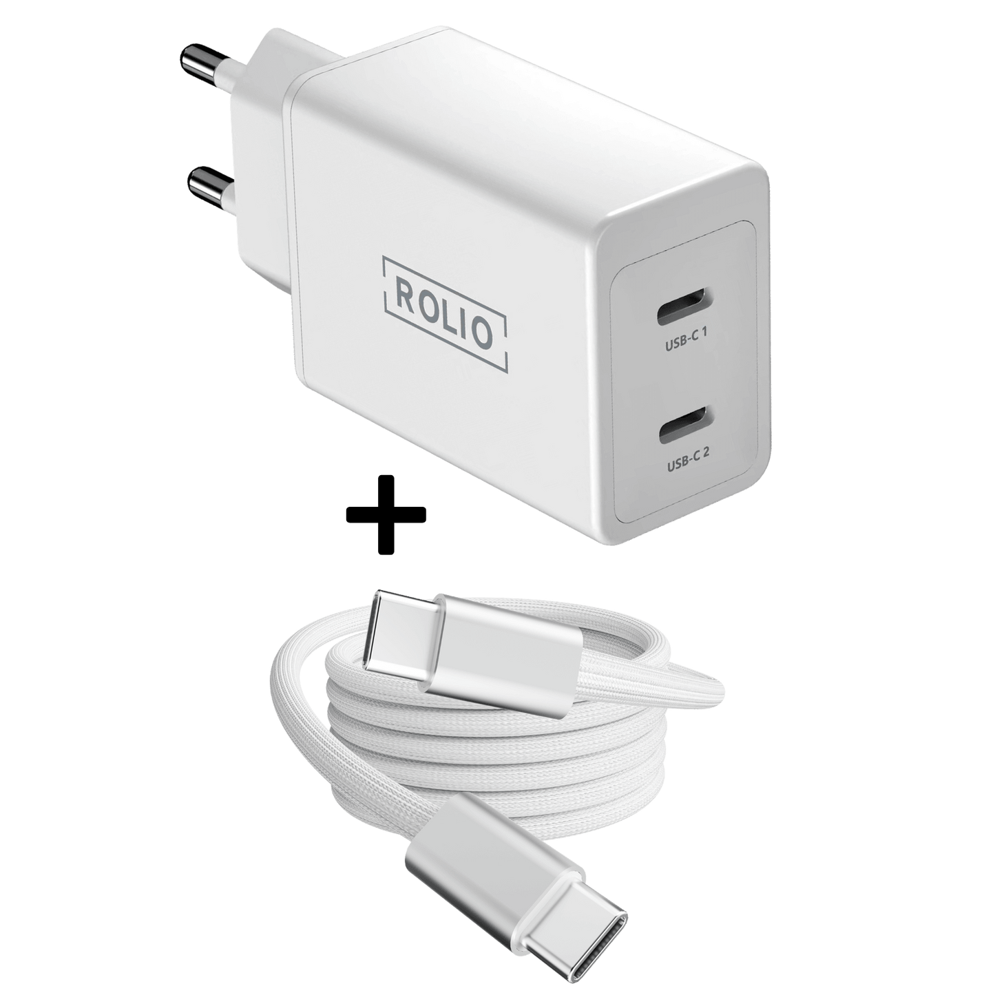 Rolio Oplader 45W - 2x USB C - Inclusief USB-C kabel 2 meter - Snellader - Rolio